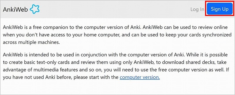 Anki Web Sign upボタン