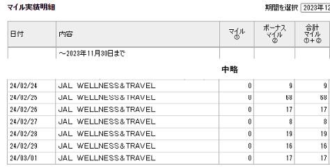 「JAL Wellness & Travel」でマイルの獲得明細